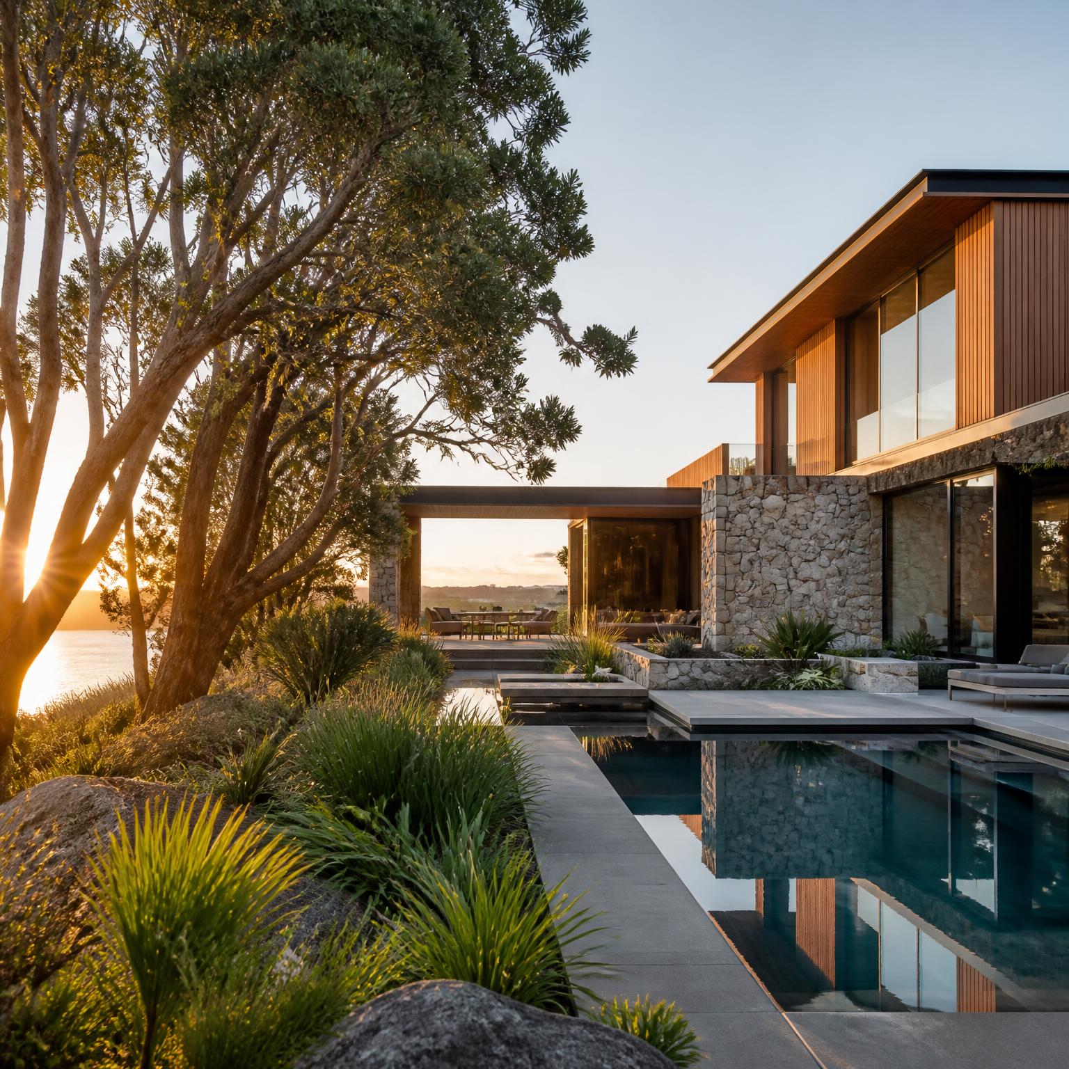 A finished luxury Sapphire Homes residence in Auckland with warm oak cladding, natural stone, and a resort-style outdoor setting at golden hour.